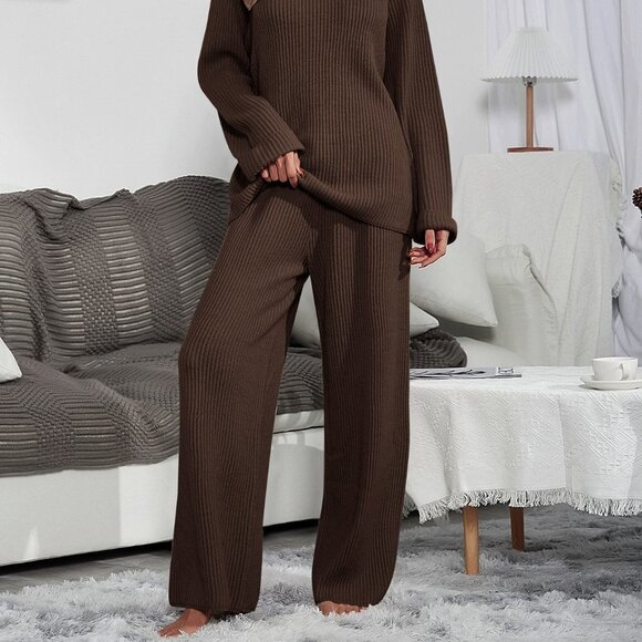 Brown Casual Womens Raglan Sleeve Sweater & Knit Wide Leg Pants - Picture 5 of 5